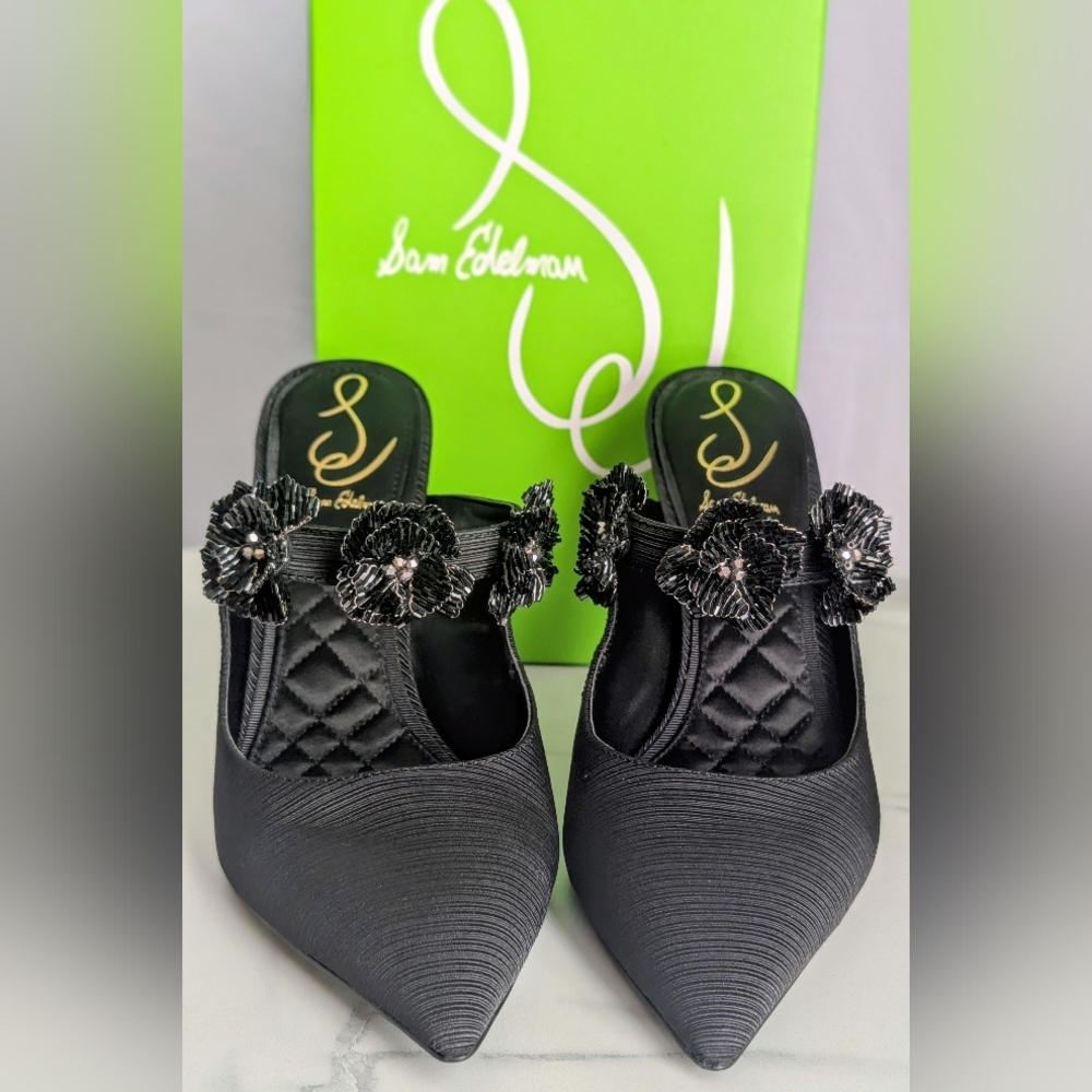 Sam Edelman Black Embellished Mule Heels Size 8 Statement Floral Heels NWOT